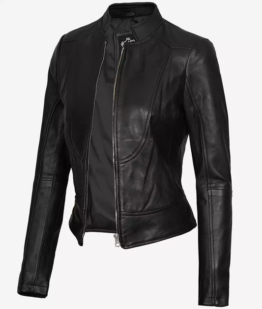 Women's Black Slim Fit Leather Biker Jacket image 0