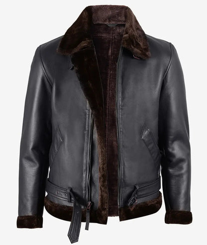 Men's Black Shearling Leather Jacket with Brown Fur image 0