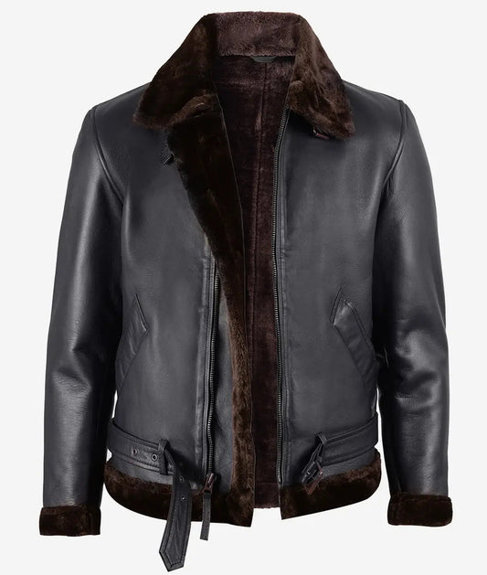 Men's Black Shearling Leather Jacket with Brown Fur image 0