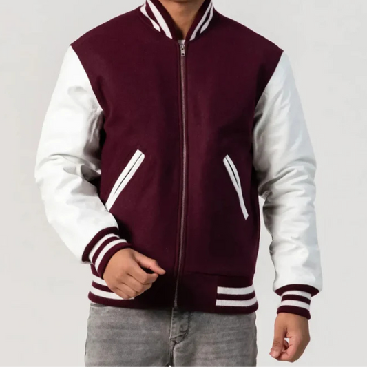 Men's Maroon and White Wool Varsity Jacket image 0