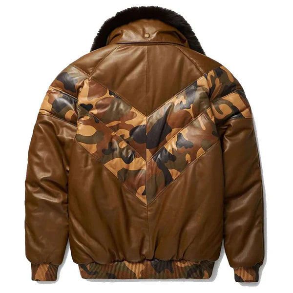 Men's V-Bomber Faux Shearling Brown Leather Jacket image 1