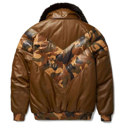 Men's V-Bomber Faux Shearling Brown Leather Jacket image 1