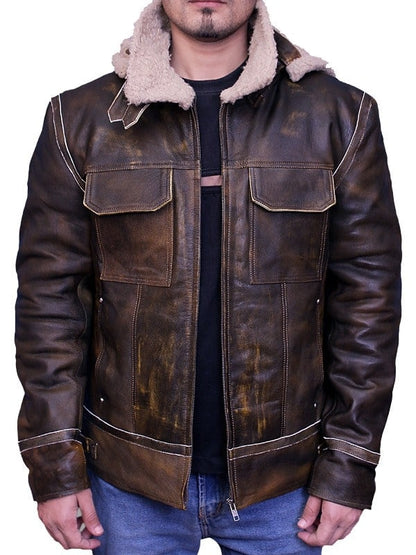 Men Aviator Leather Bomber Jacket with Fur Hood Brown image 0
