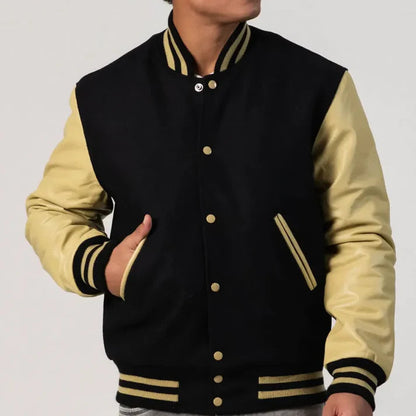 Black Melton Wool Varsity Jacket with Vegas Gold Leather Sleeves image 1