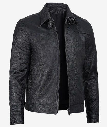 Men's Black Crocodile-Embossed Calfskin Bomber Jacket : GRANDEUR EDITION image 0