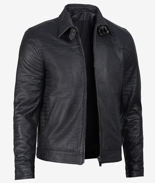 Men's Black Crocodile-Embossed Calfskin Bomber Jacket : GRANDEUR EDITION image 0