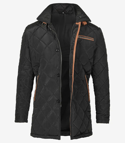 Men's Black Quilted 3/4 Length Polyester Coat - Brown Detailing image 1