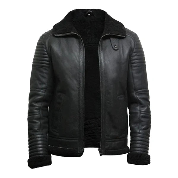 Men's Faux Shearling Flying Black Leather Jacket image 1