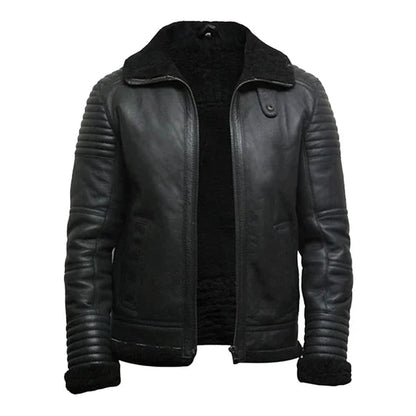 Men's Faux Shearling Flying Black Leather Jacket image 1