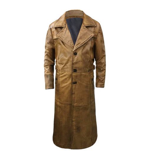 Below Knee Distressed Vintage Brown Long Leather Coat image 0