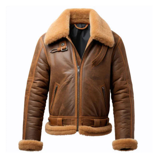 Men's B3 Brown Zipper Pockets Faux Shearling Leather Jacket image 0