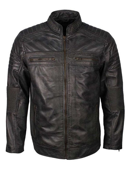 Vintage Style Mens Cafe Racer Grey Waxed Leather Jacket image 0