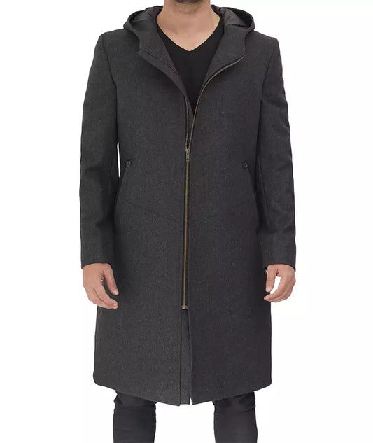 Men's Gray Long Wool Overcoat with Hood image 0
