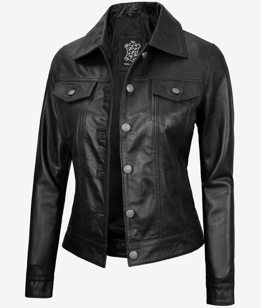 Women's Black Four-Pocket Lambskin Leather Trucker Jacket image 0