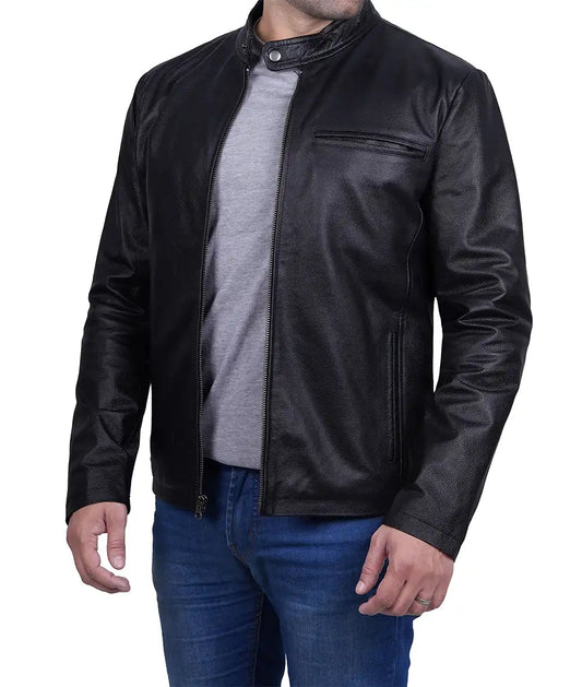 Men's Premium Black Cowhide Cafe Racer Leather Jacket image 0