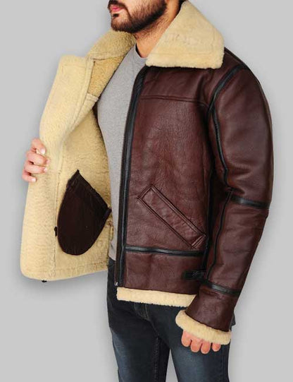 B3 RAF Men Shearling Brown Leather Jacket image 4