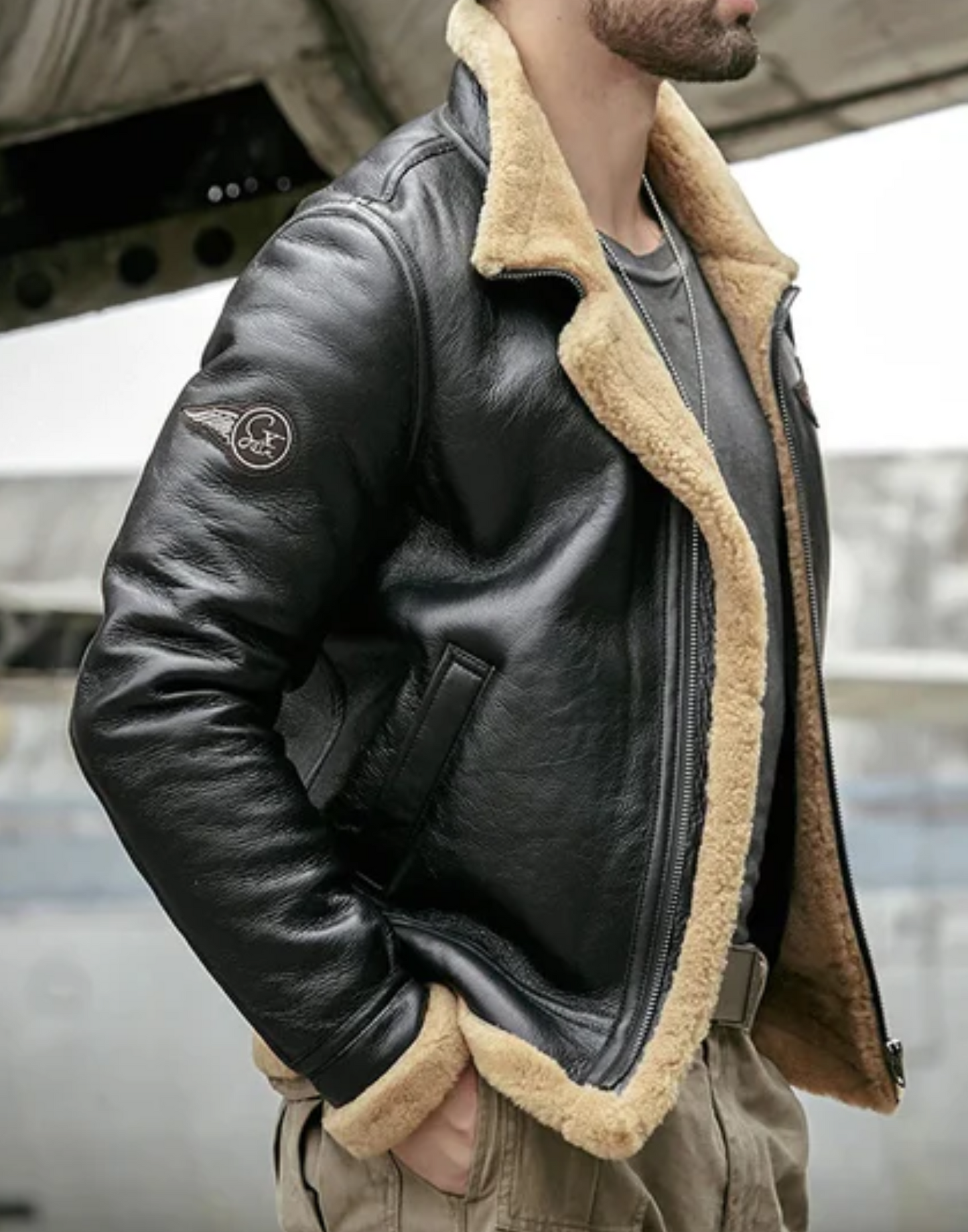 Black RAF Aviator Sheepskin Shearling Leather Jacket image 1
