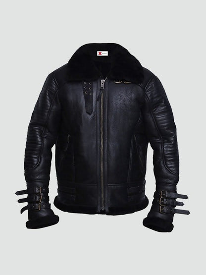 Mens Black Shearling Biker Leather Jacket image 0