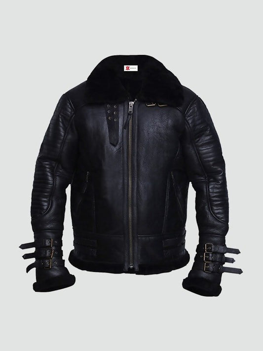 Mens Black Shearling Biker Leather Jacket image 0