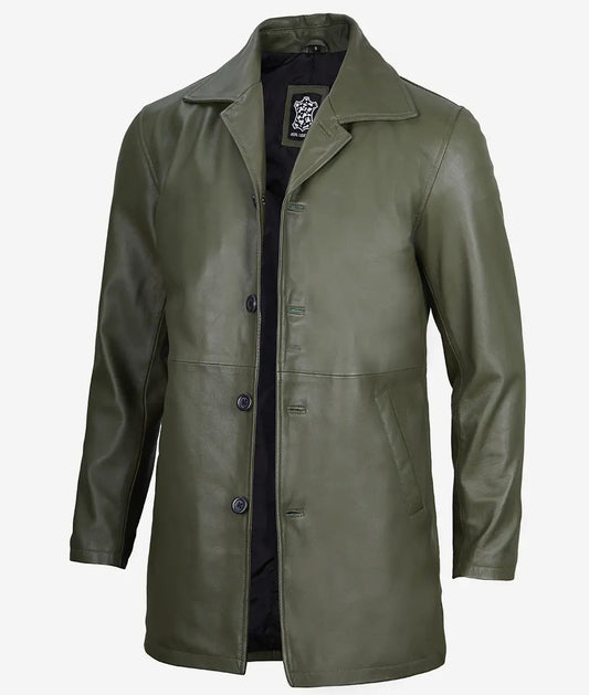 Men's Military Green 3/4 Length Real Leather Car Coat image 0