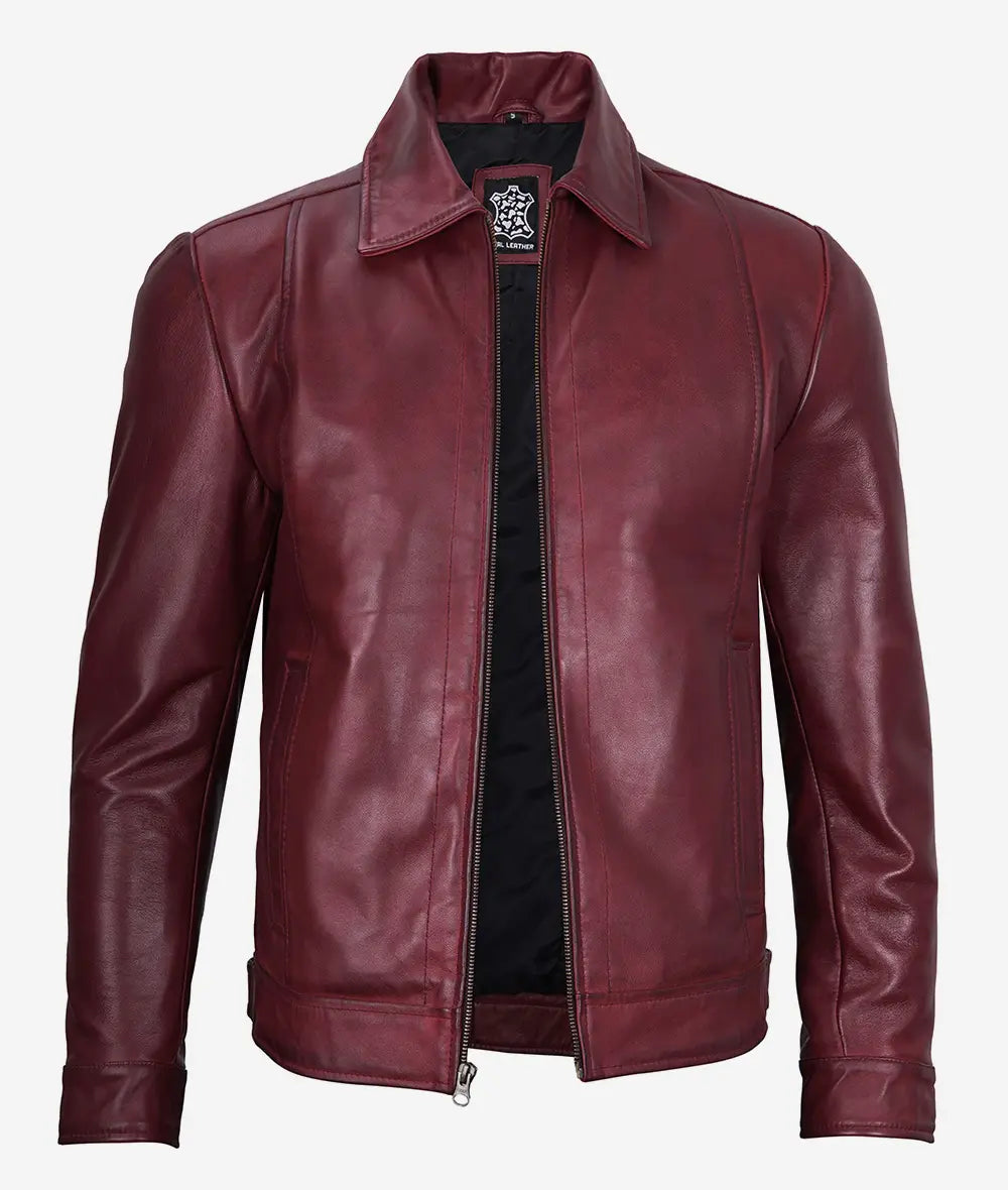 Men's Maroon Shirt Collar Leather Jacket image 1