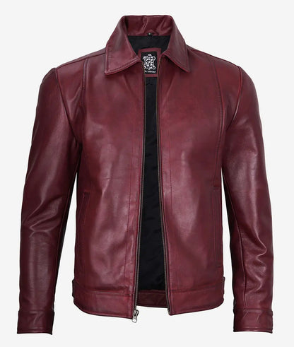 Men's Maroon Shirt Collar Leather Jacket image 1