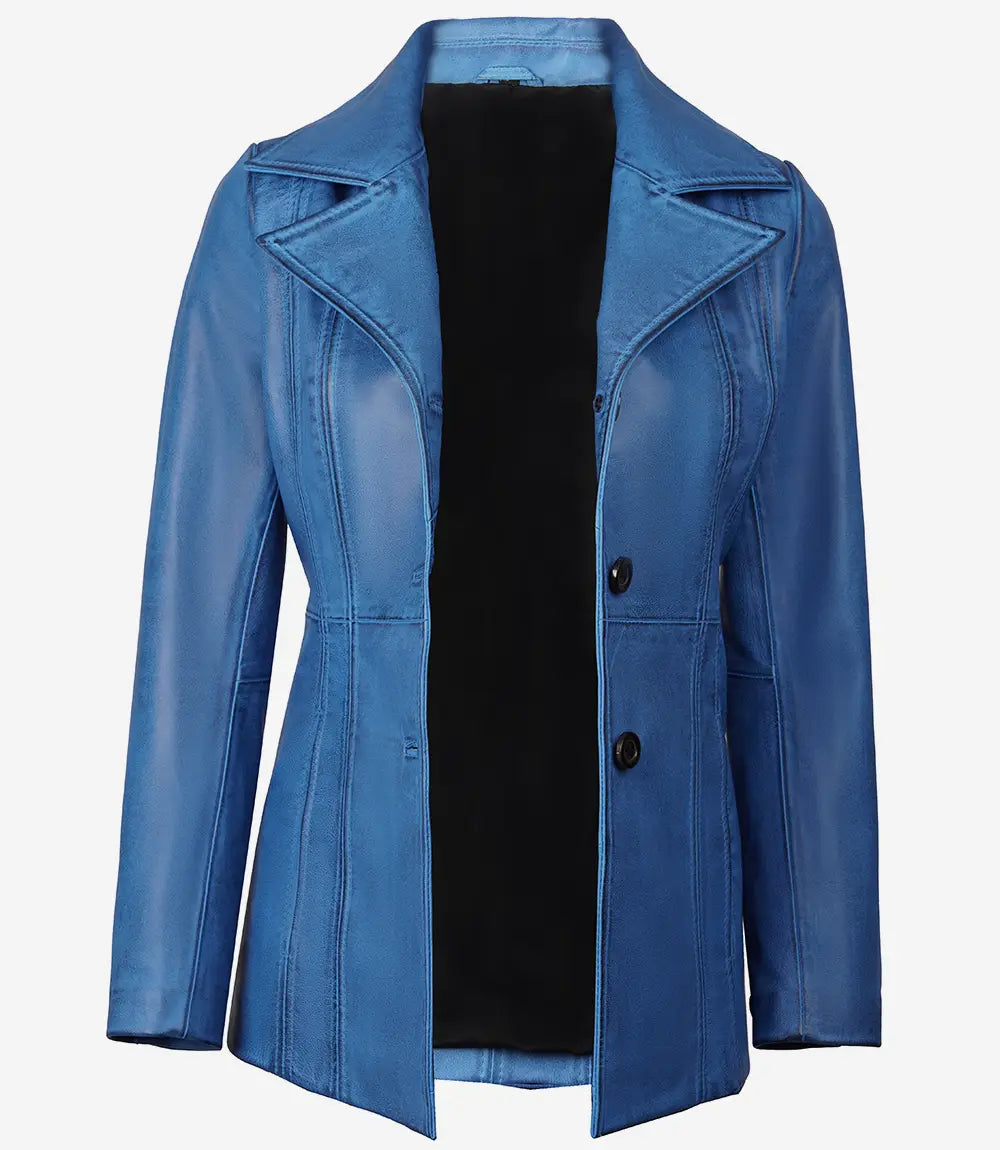 Women's Blue Waxed Leather Coat | Three Button image 1