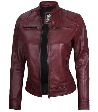 Women's Maroon Real Leather Moto Jacket image 1