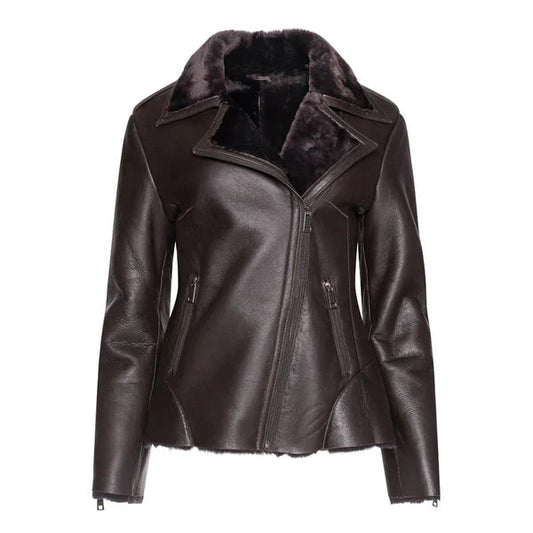 Women's Brown Shearling Straight Moto Leather Jacket image 0