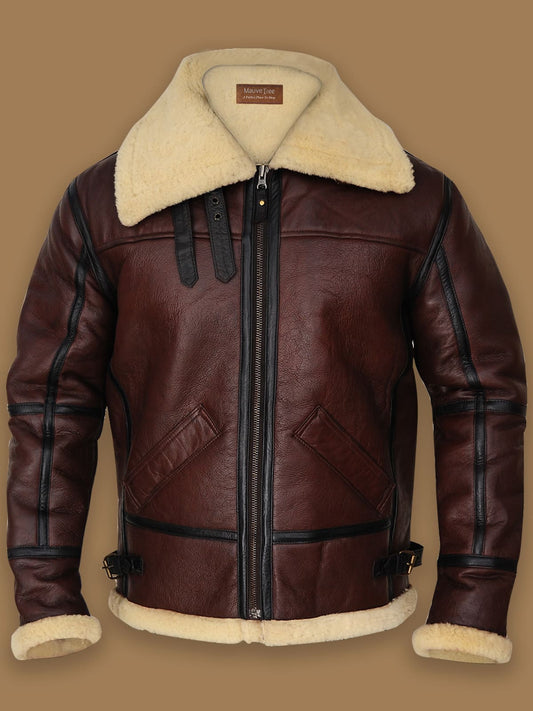 Mens Shearling Brown Bomber Leather Jacket image 0