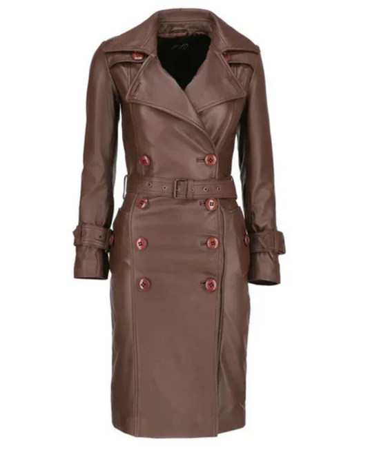 Women's Brown Double-Breasted Leather Coat image 0