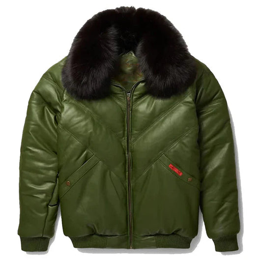 Men's V-Bomber Faux Shearling Green Leather Jacket image 0