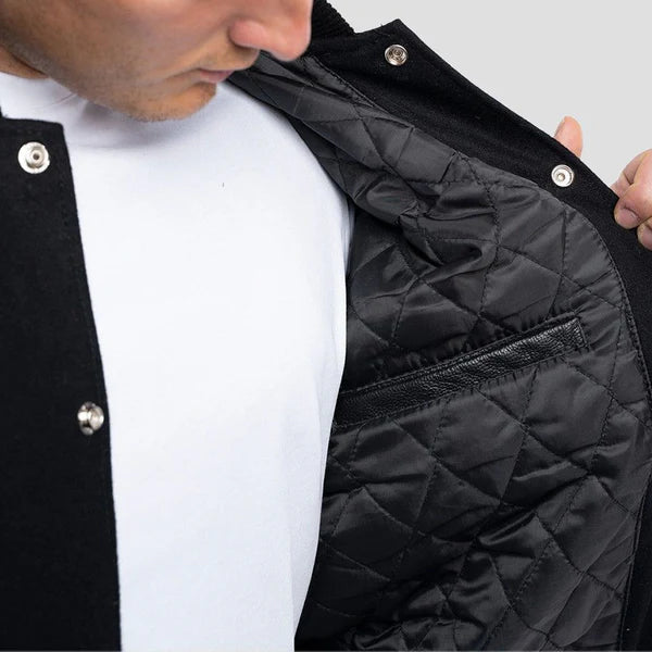 Black Wool Varsity Jacket with Black Leather Sleeves image 1