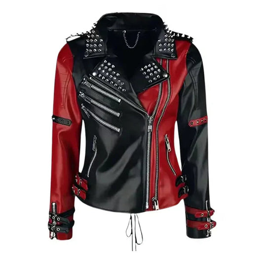 Women's Red & Black Studded Moto Leather Jacket image 0