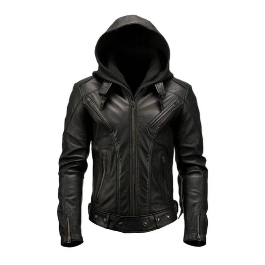 Men's Black Hooded Biker Leather Jacket image 0