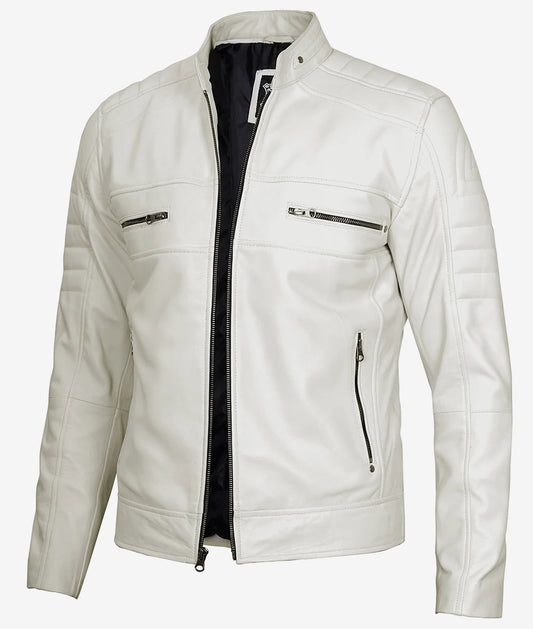 Men's Off White Cafe Racer Leather Jacket - Real Leather image 0