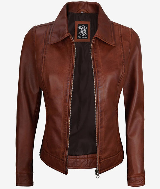 Women's Cognac Shirt Collar Leather Jacket image 0