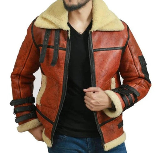 Men's RAF B3 Faux Shearling Aviator Bomber Leather Jacket image 0