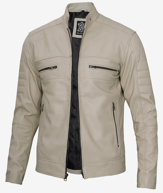 Men's Classic Beige Cafe Racer Leather Jacket image 0