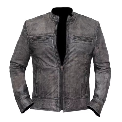 Vintage Distressed Grey Biker Motorcycle Genuine Real Leather Jacket image 0