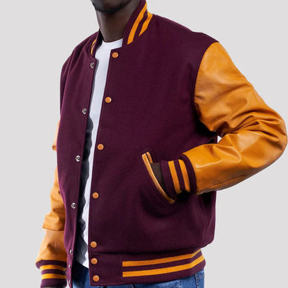 Men's Maroon and Bright Gold Wool Varsity Jacket image 1