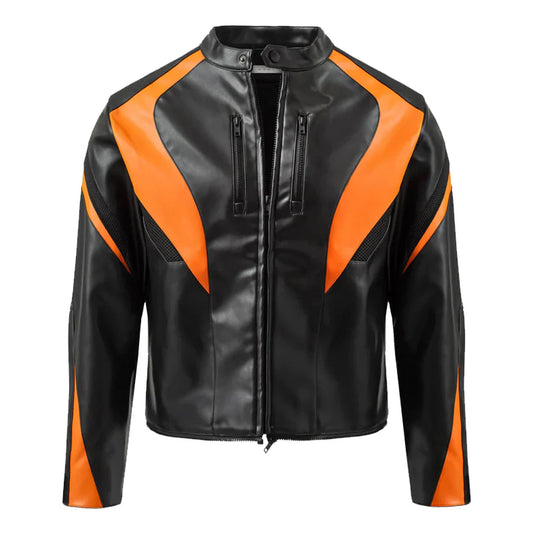 Men's Cropped Black Orange Biker Leather Jacket image 0