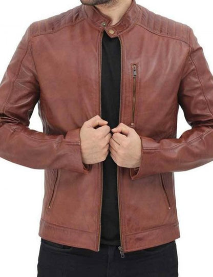 Benjamin Mens Cafe Racer Brown Leather Jacket image 1