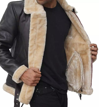 Men's Dark Brown Shearling Bomber Jacket Made of Real Leather image 1