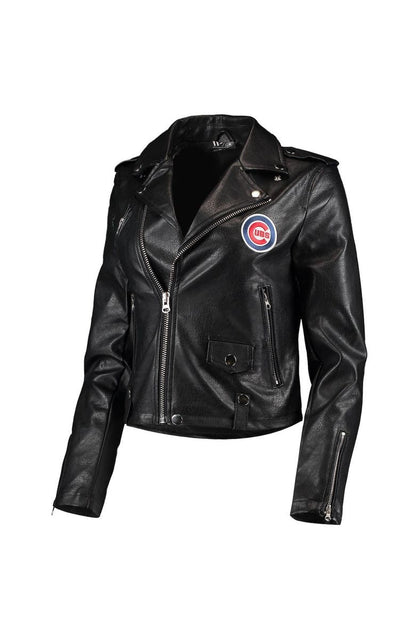 Women's The Wild Collective Black Chicago Cubs Faux Leather Moto Full-Zip Jacket image 0