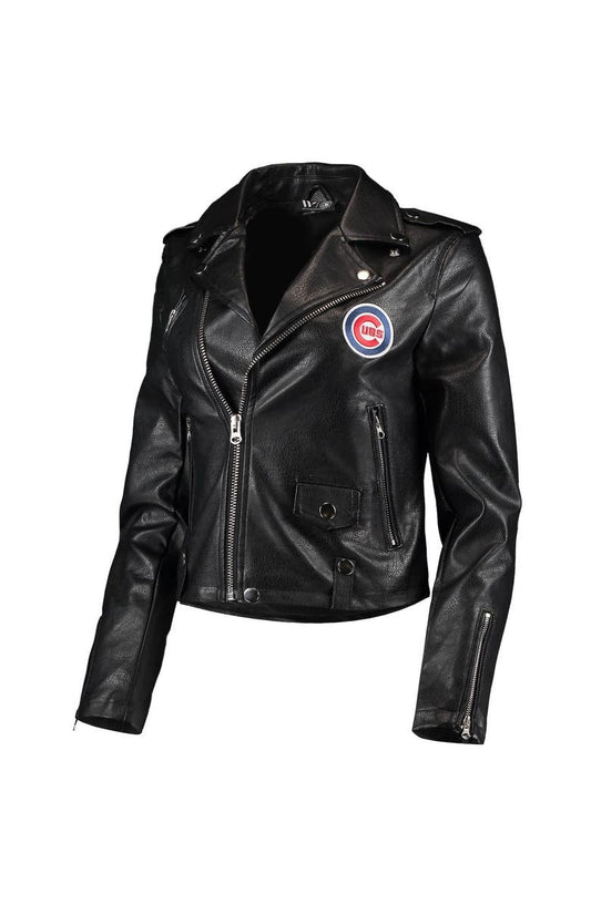 Women's The Wild Collective Black Chicago Cubs Faux Leather Moto Full-Zip Jacket image 0