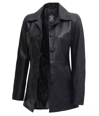 Women's Black 3/4 Length Leather Car Coat image 0