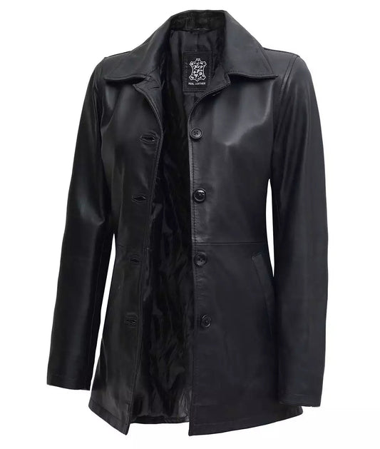 Women's Black 3/4 Length Leather Car Coat image 0