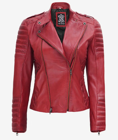 Women's Asymmetrical Padded Red Leather Biker Jacket image 1