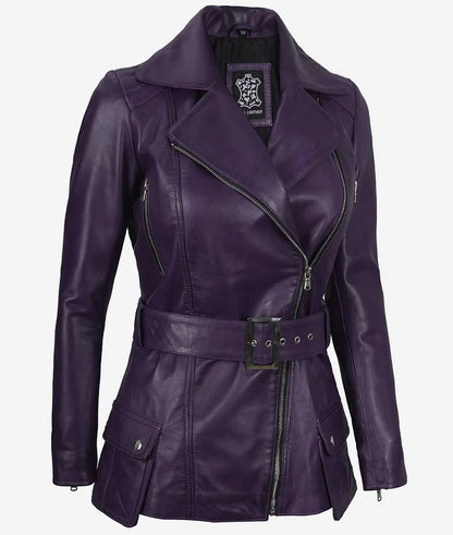 Women's Purple Asymmetrical Belted Moto Leather Jacket image 1